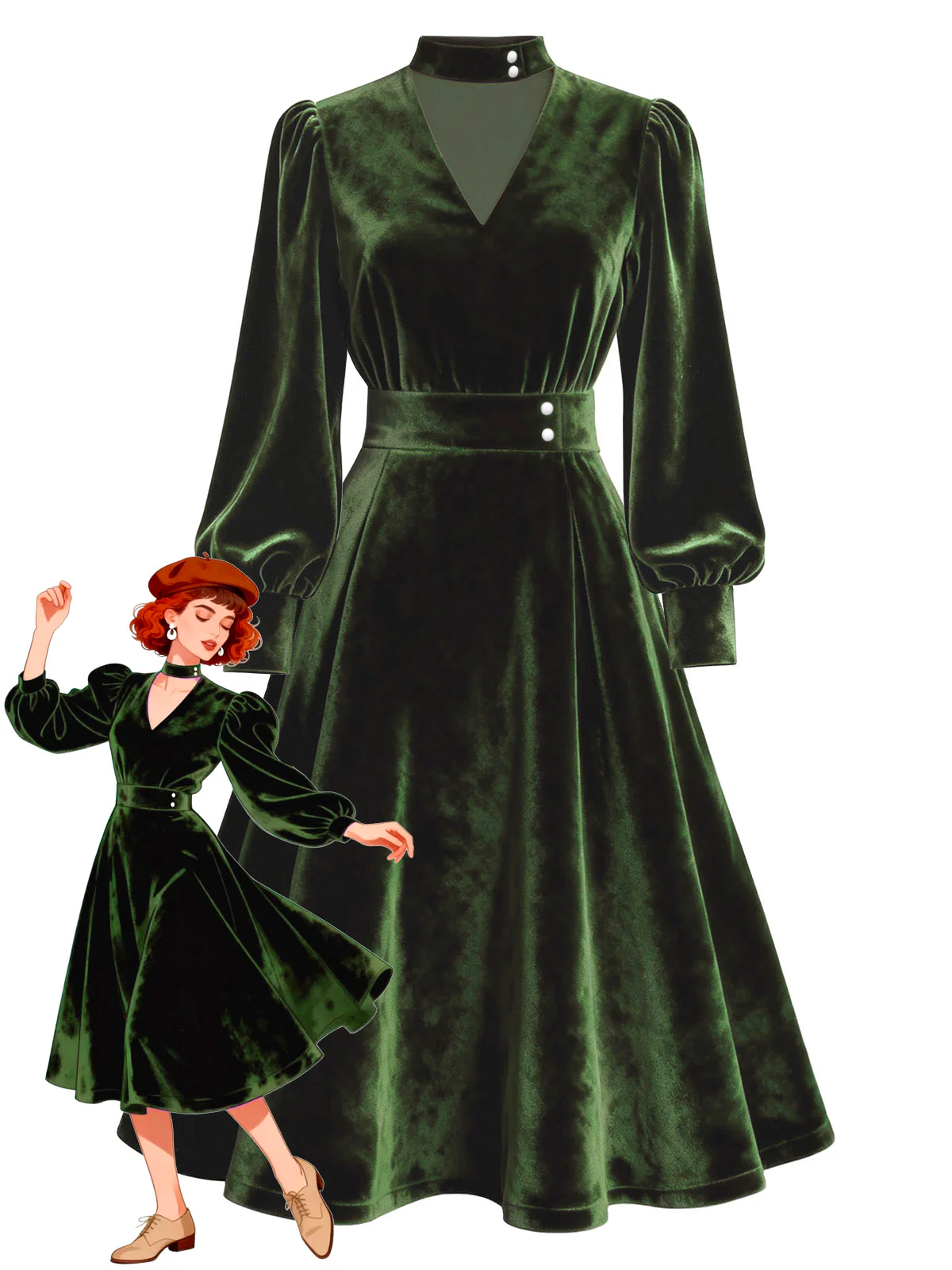 Grün 1950er Schlüsselloch V-Ausschnitt Perle Samt Kleid