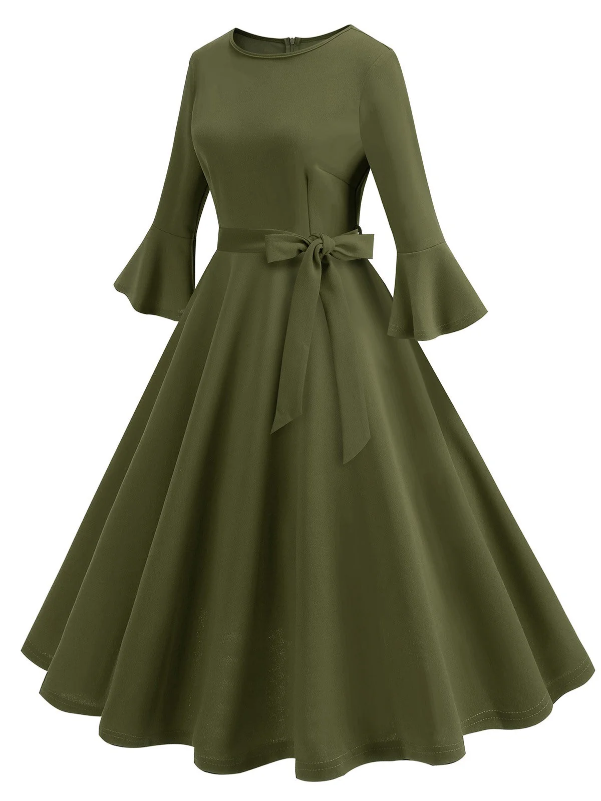 Grün 1950er Solide Glockenärmel Swing Kleid - Image 2