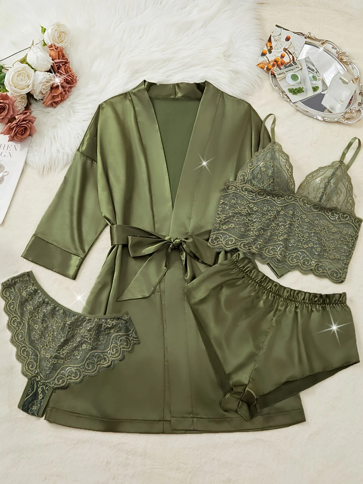Grün 1950er Solide Spitze & Satin Pyjama Set - Image 2