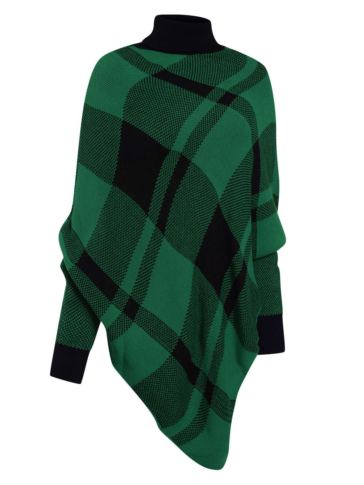 Grün 1950er Stehkragen Plaid Stricken Poncho Pullover - Image 3