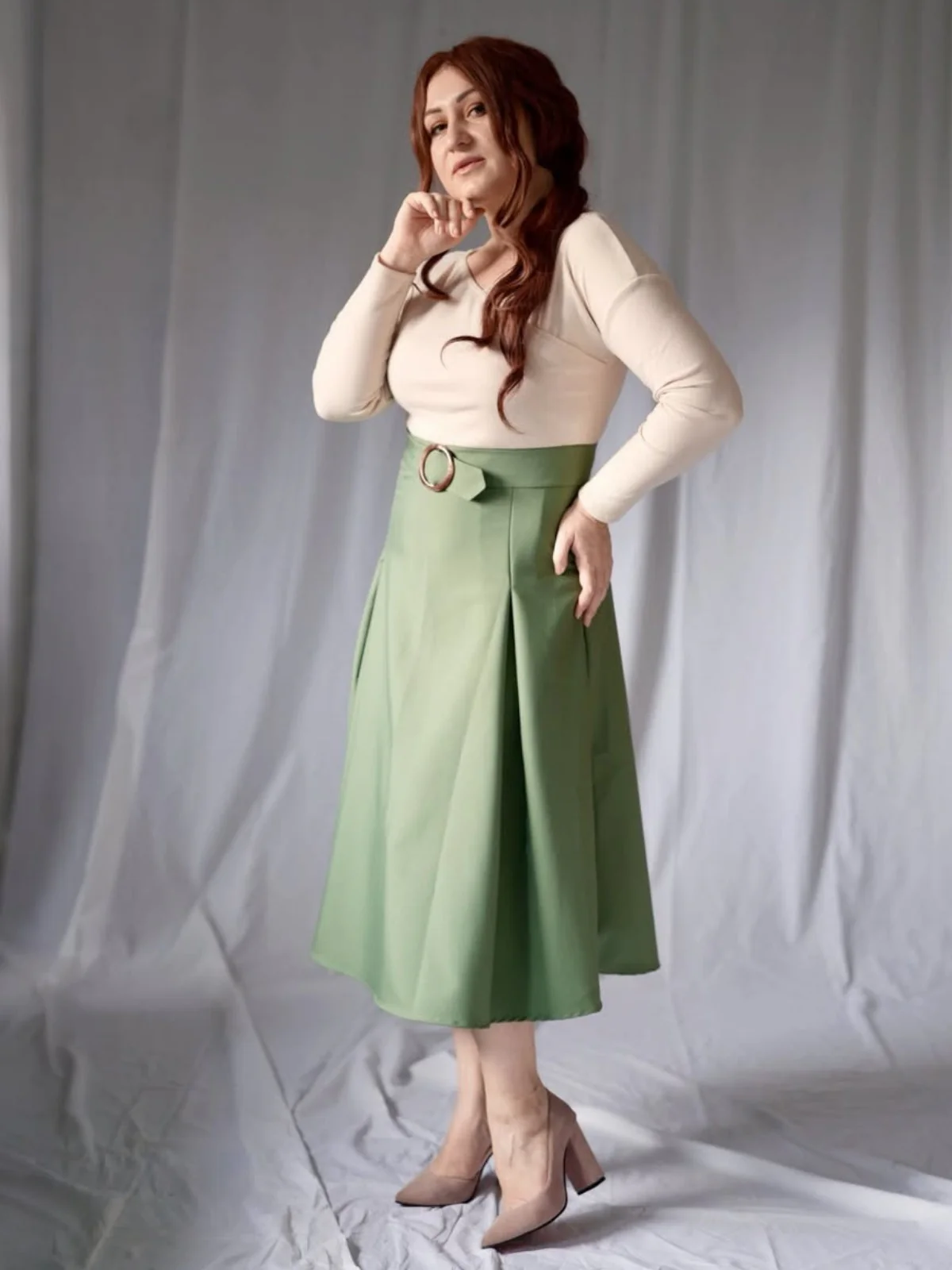 Grün 1950er Stricken Schulterfrei Plissiertes Kleid - Image 2