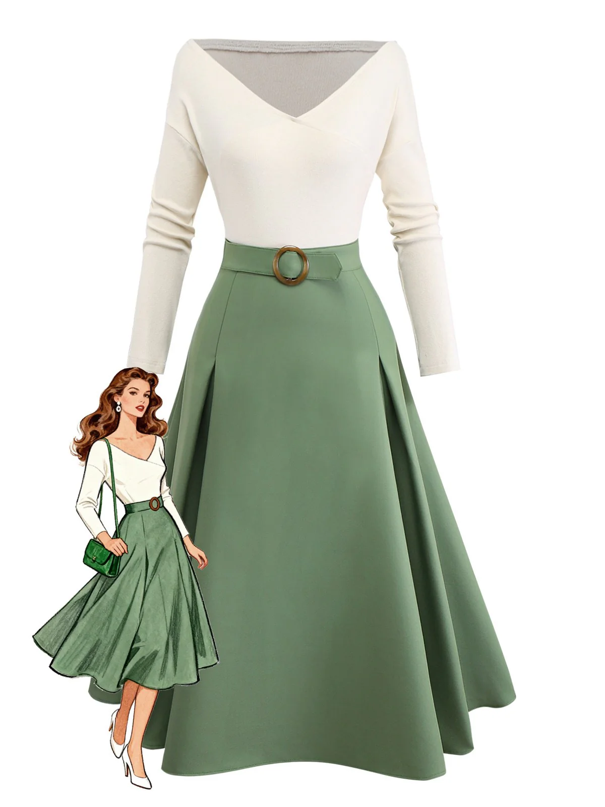 Grün 1950er Stricken Schulterfrei Plissiertes Kleid - Image 3