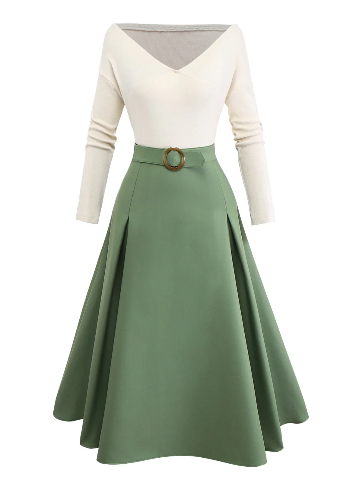 Grün 1950er Stricken Schulterfrei Plissiertes Kleid - Image 5