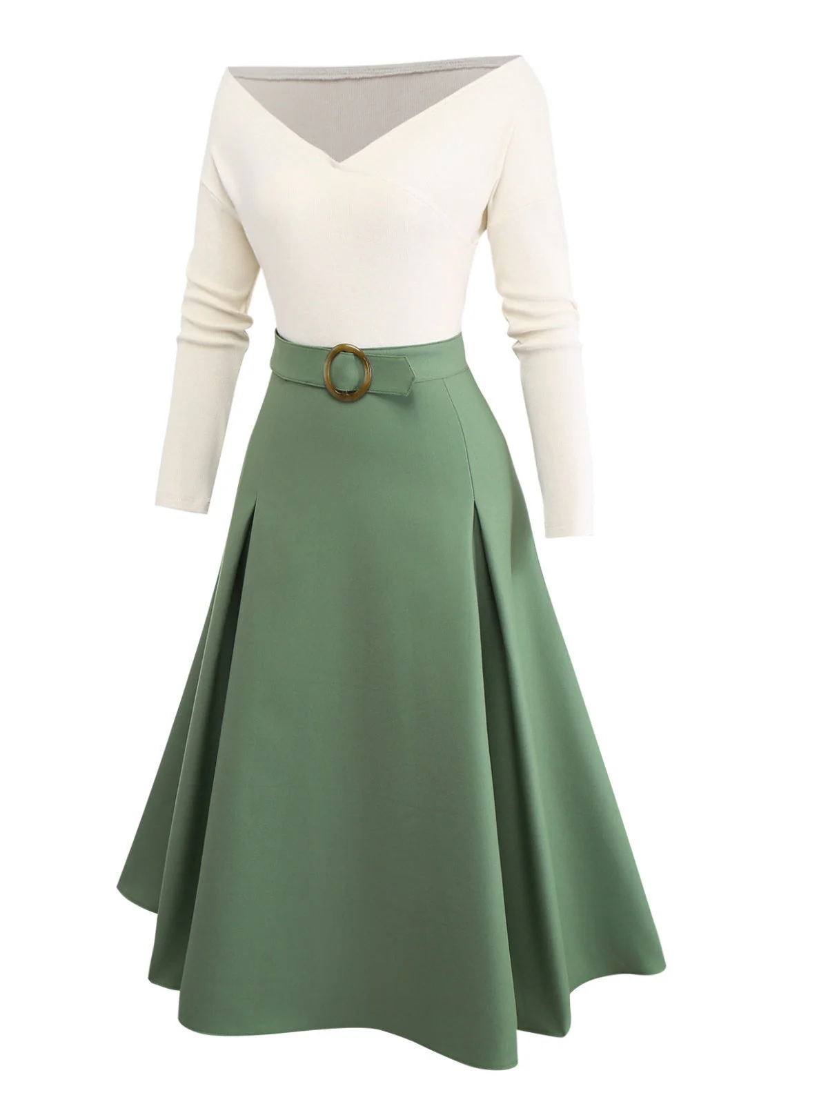 Grün 1950er Stricken Schulterfrei Plissiertes Kleid - Image 6