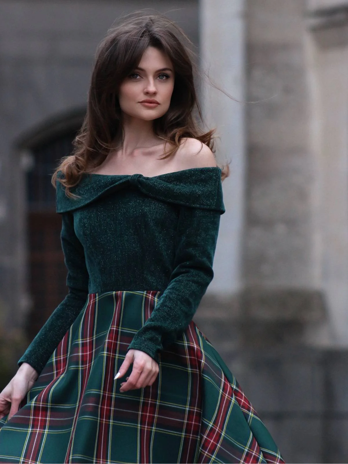 Grün 1950er Weihnachten Schulterfrei Tartan Kleid - Image 2