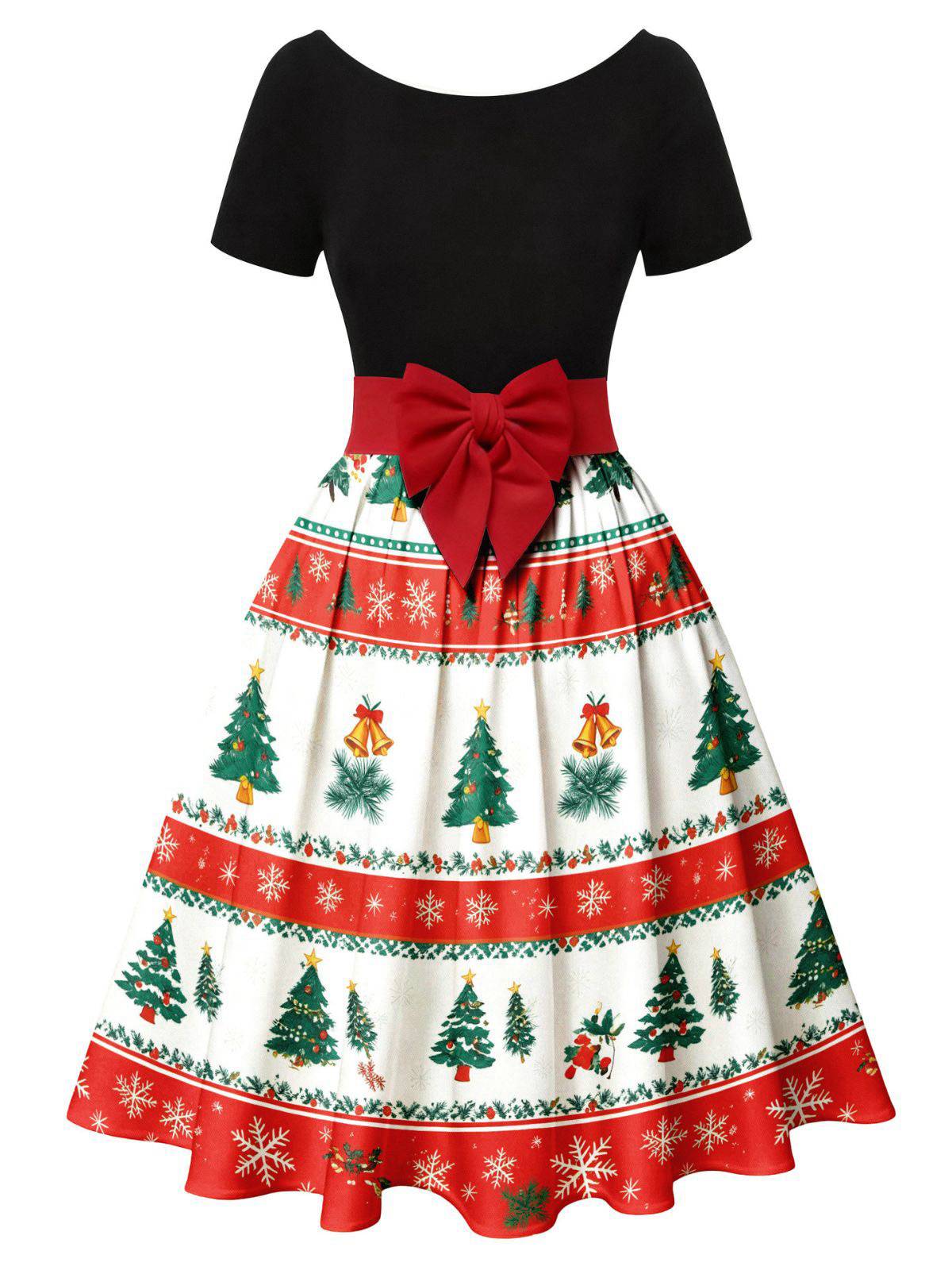 Grün 1950er Weihnachtsbaum Patchwork Bogen Gürtel Swing Kleid - Image 10