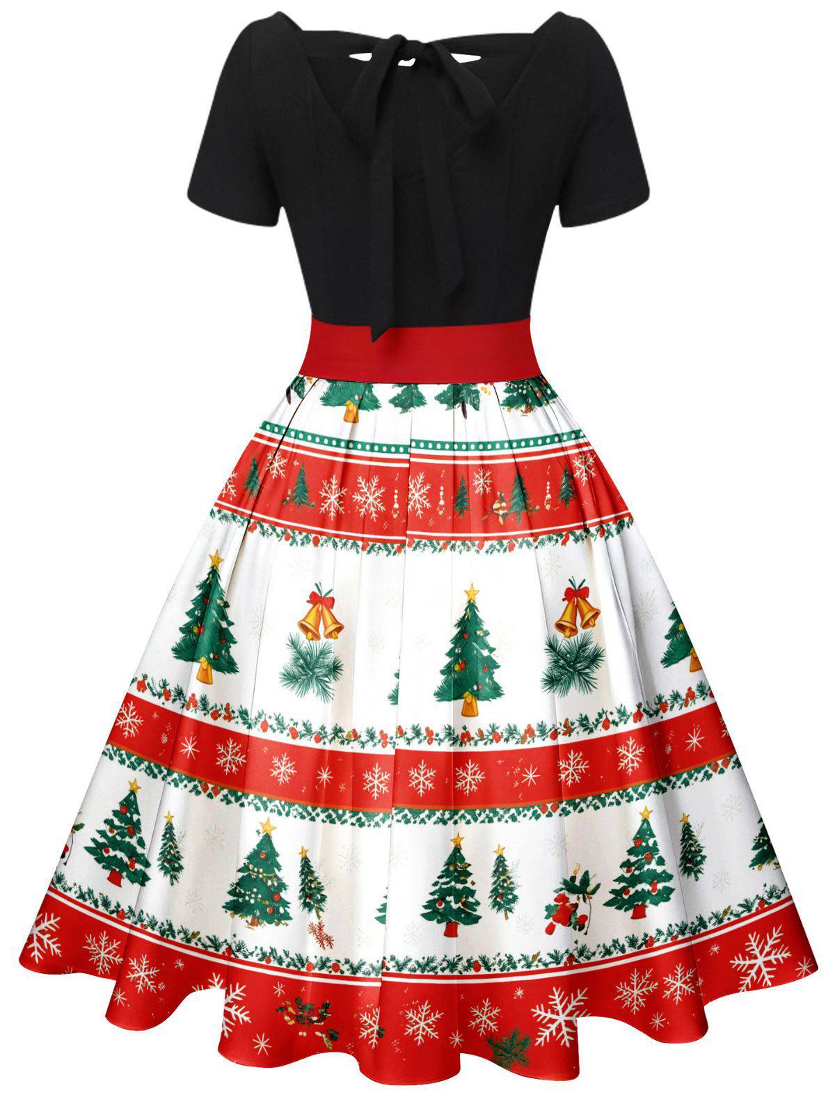 Grün 1950er Weihnachtsbaum Patchwork Bogen Gürtel Swing Kleid - Image 11