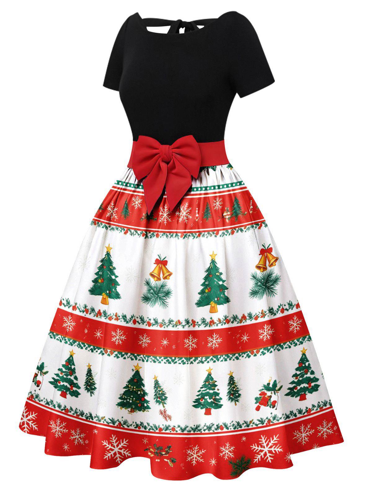 Grün 1950er Weihnachtsbaum Patchwork Bogen Gürtel Swing Kleid - Image 12