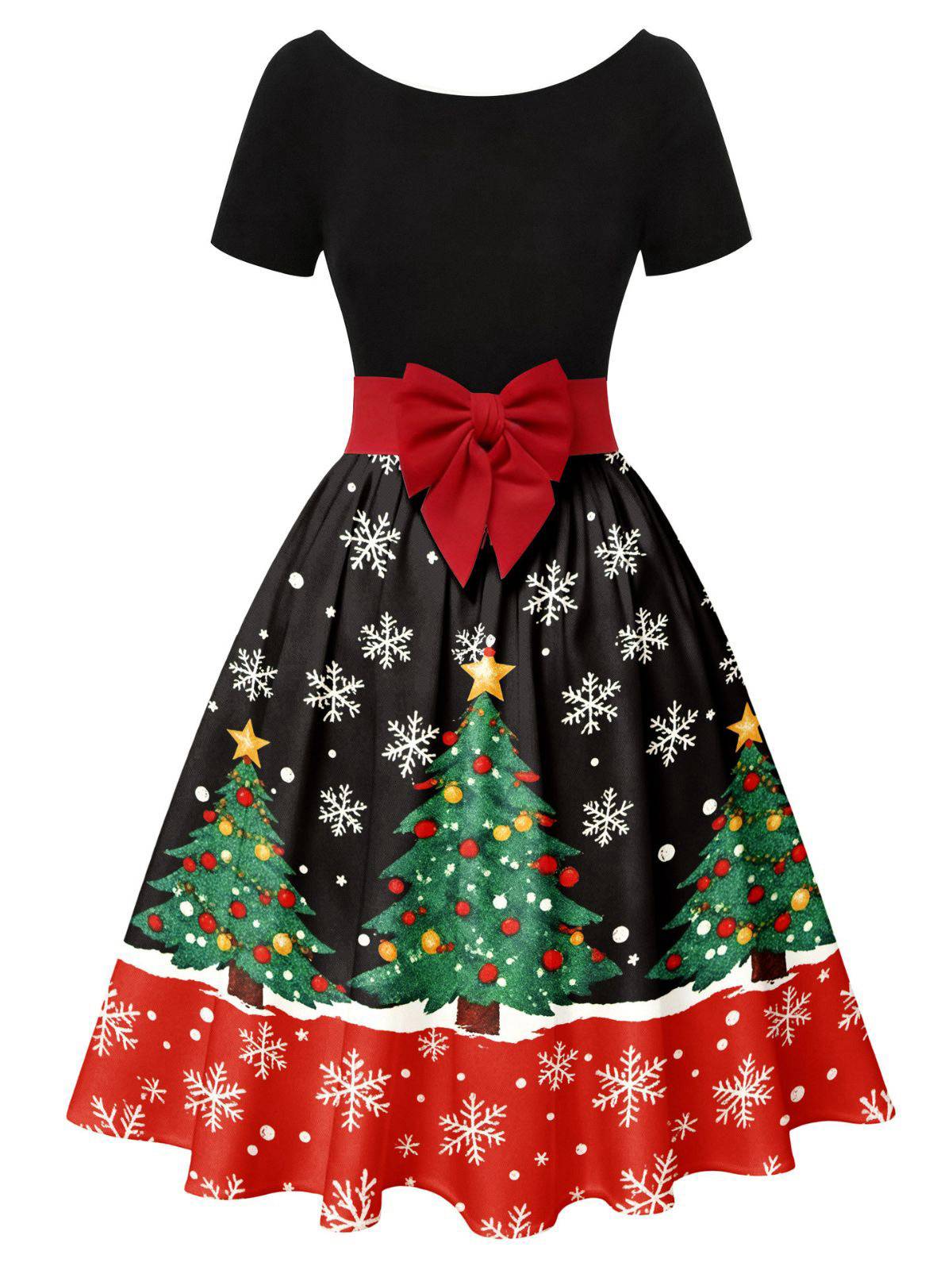 Grün 1950er Weihnachtsbaum Patchwork Bogen Gürtel Swing Kleid - Image 14