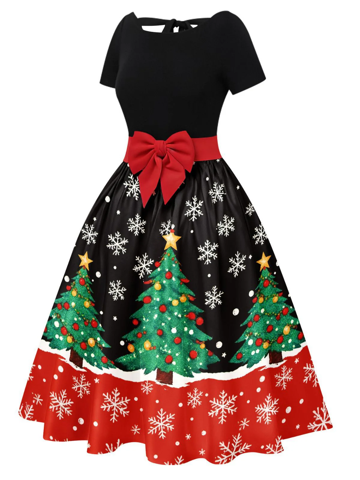 Grün 1950er Weihnachtsbaum Patchwork Bogen Gürtel Swing Kleid - Image 15