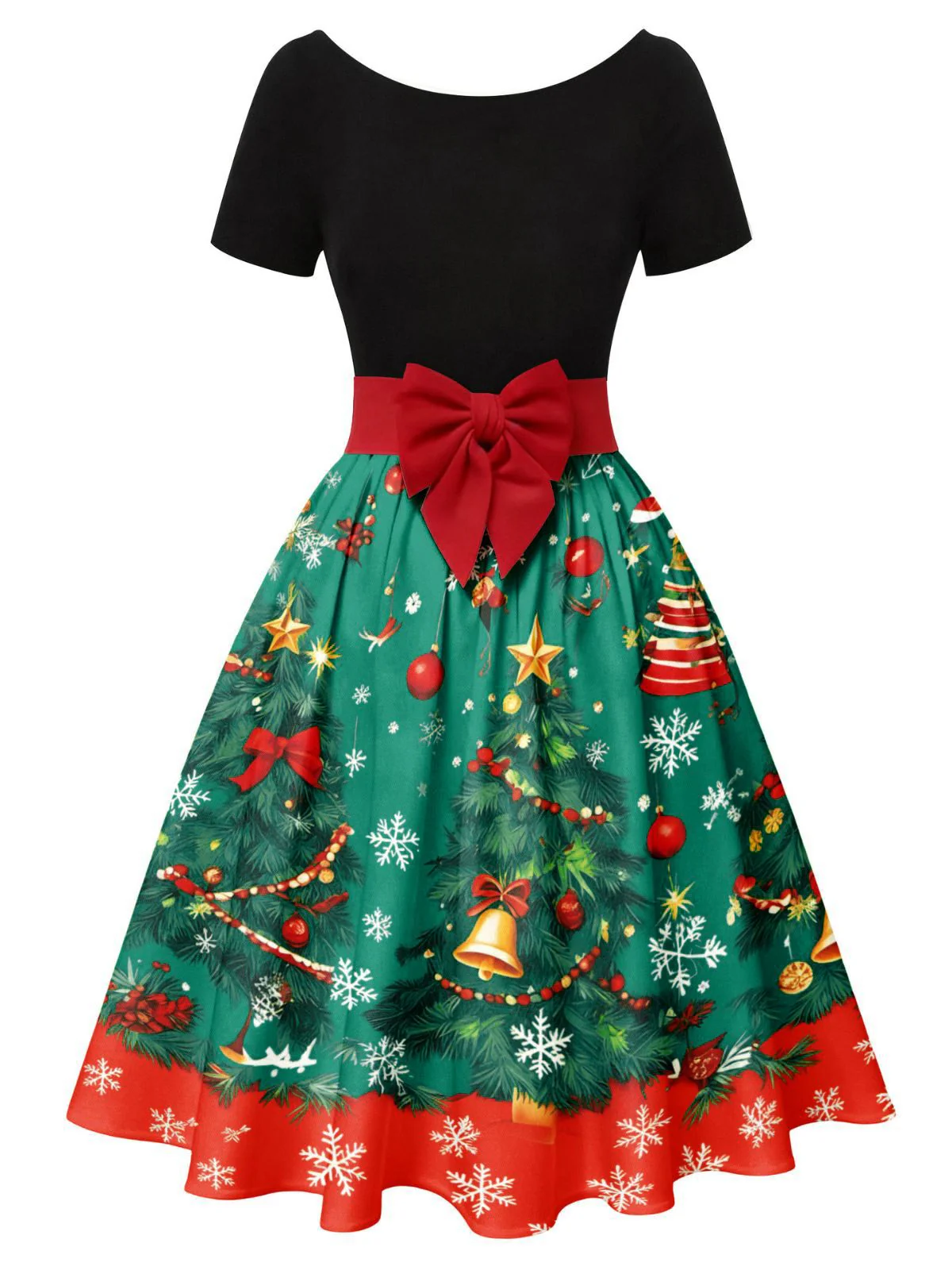 Grün 1950er Weihnachtsbaum Patchwork Bogen Gürtel Swing Kleid - Image 18