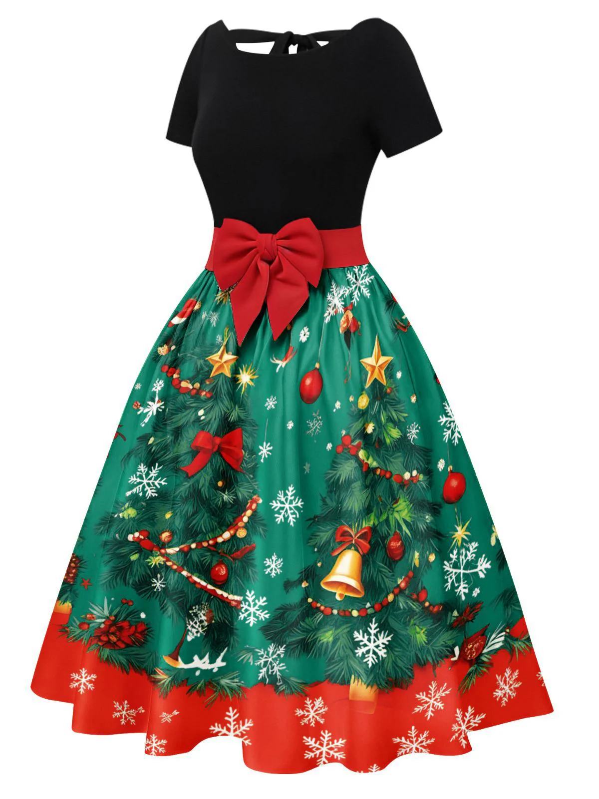 Grün 1950er Weihnachtsbaum Patchwork Bogen Gürtel Swing Kleid - Image 19