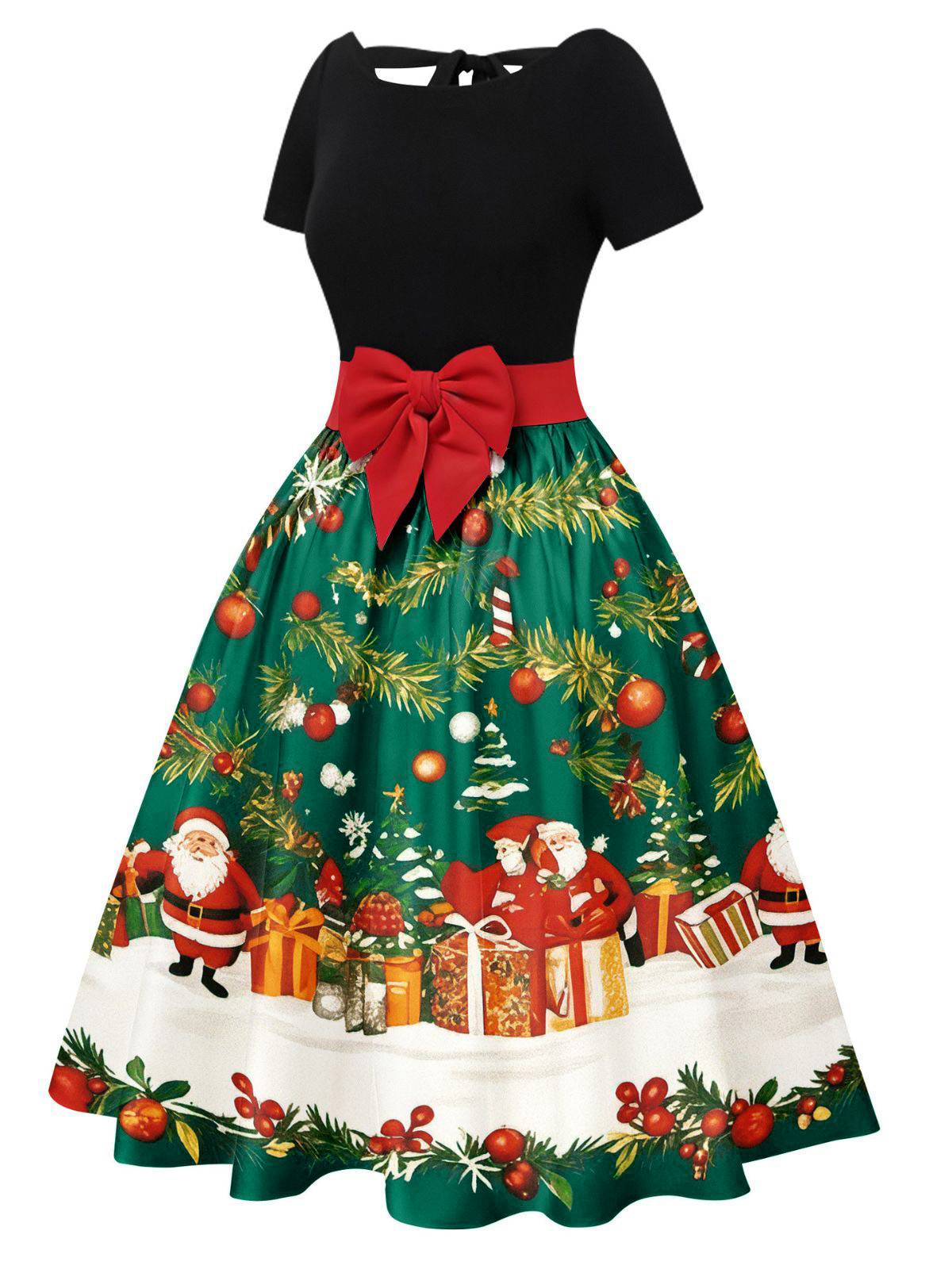 Grün 1950er Weihnachtsbaum Patchwork Bogen Gürtel Swing Kleid - Image 2