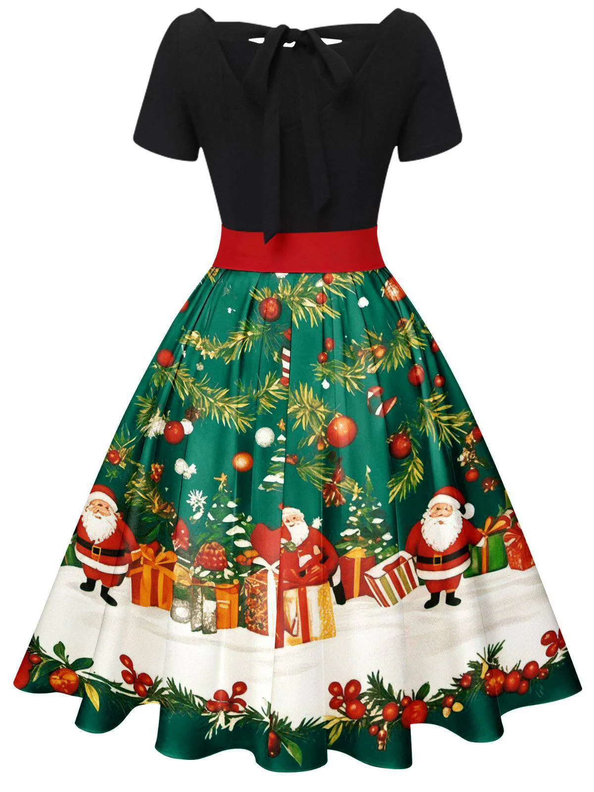 Grün 1950er Weihnachtsbaum Patchwork Bogen Gürtel Swing Kleid - Image 3