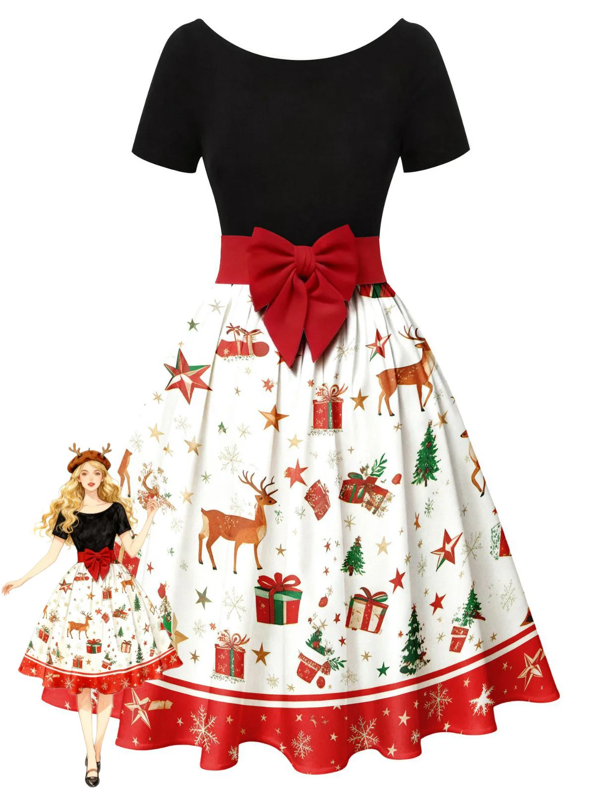Grün 1950er Weihnachtsbaum Patchwork Bogen Gürtel Swing Kleid - Image 5