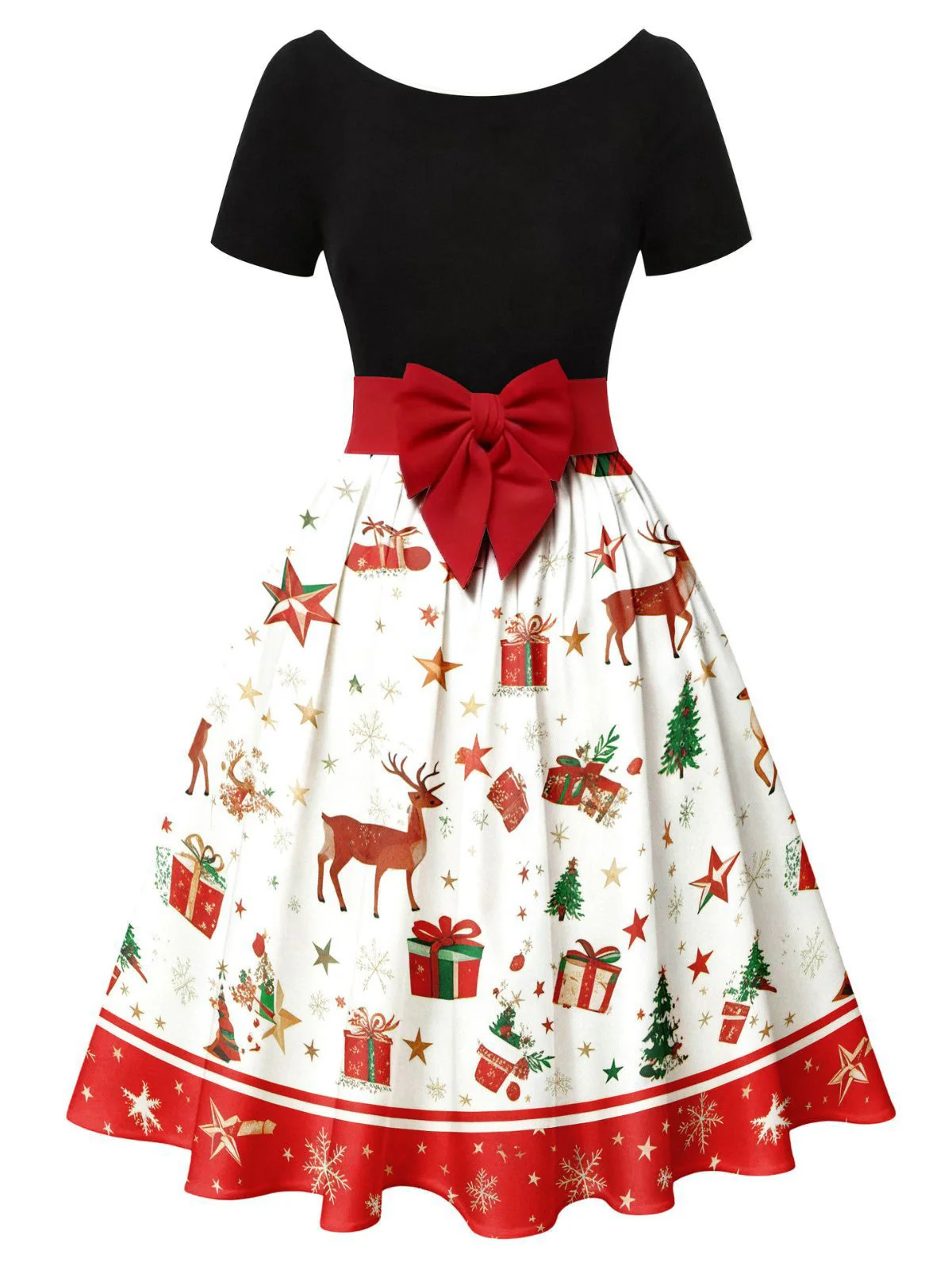 Grün 1950er Weihnachtsbaum Patchwork Bogen Gürtel Swing Kleid - Image 6