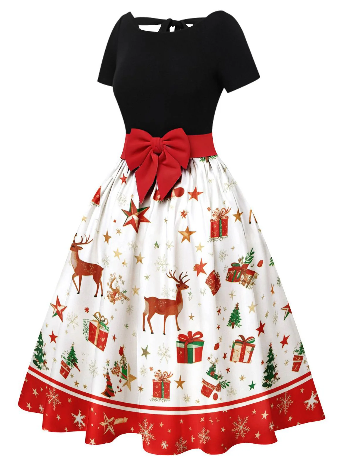 Grün 1950er Weihnachtsbaum Patchwork Bogen Gürtel Swing Kleid - Image 7
