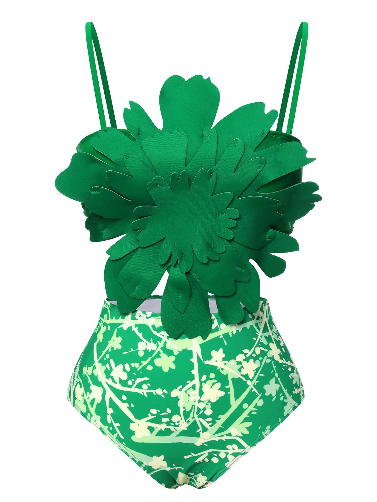 Grün 1960er 3D-Blumen Gurt Badeanzug