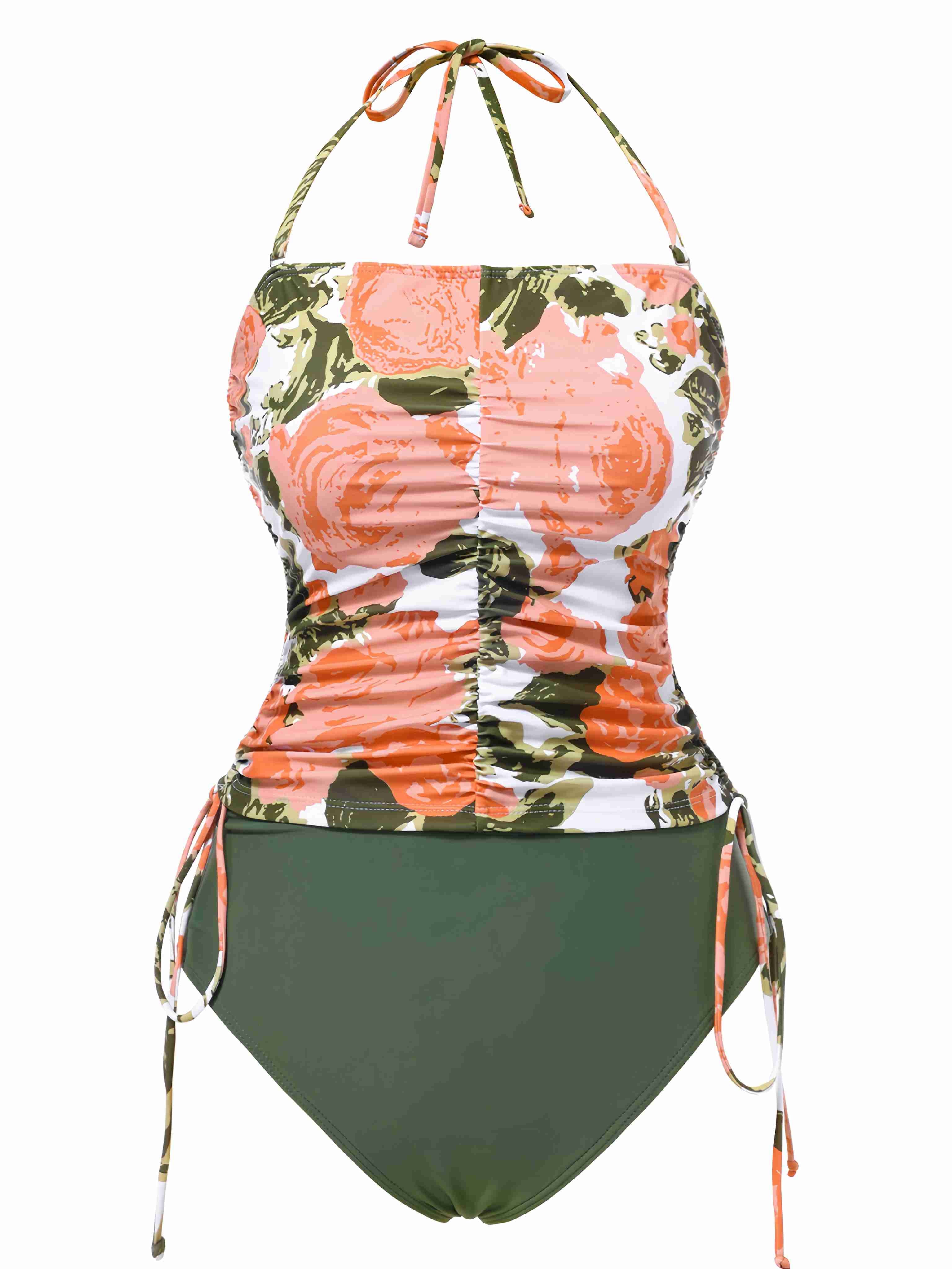 Grün 1960er Bandeau Halter Blumen Kordelzug Bademode