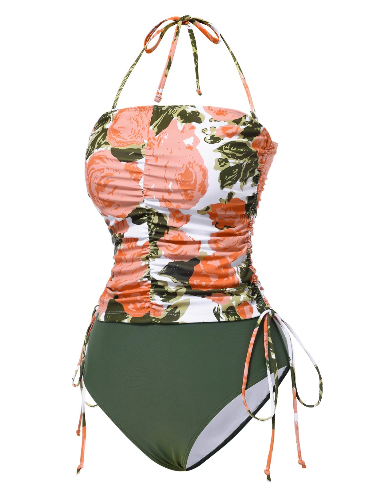 Grün 1960er Bandeau Halter Blumen Kordelzug Bademode - Image 2