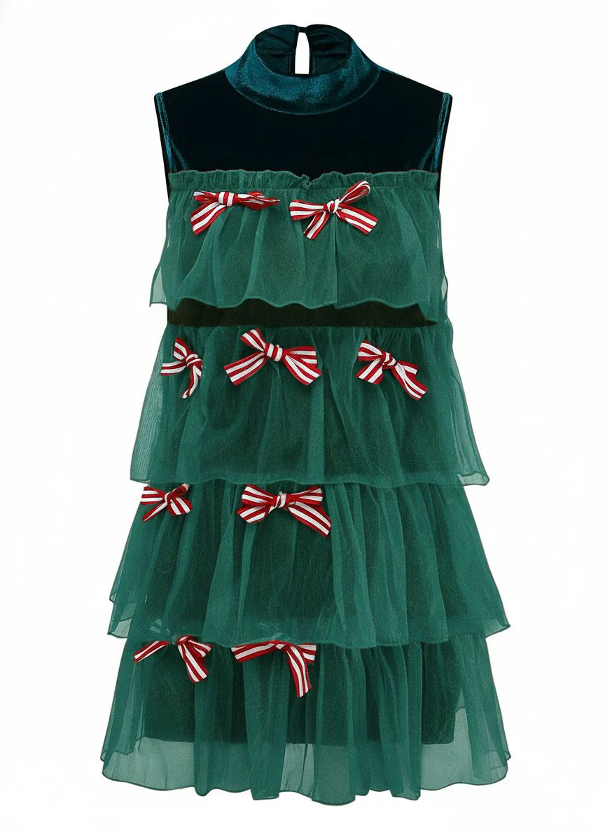 Rot 1960er Netz Bogen Weihnachten Baum Kleid - Image 8