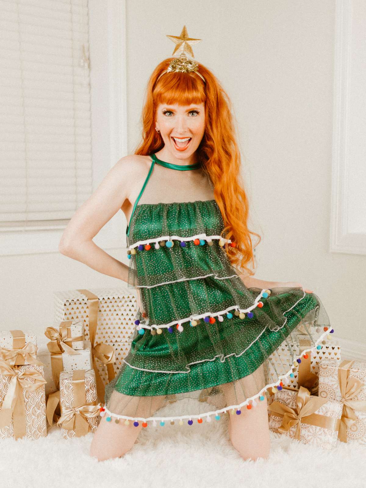 Grün 1960er Pom-Pom Weihnachten Baum Kleid - Image 3