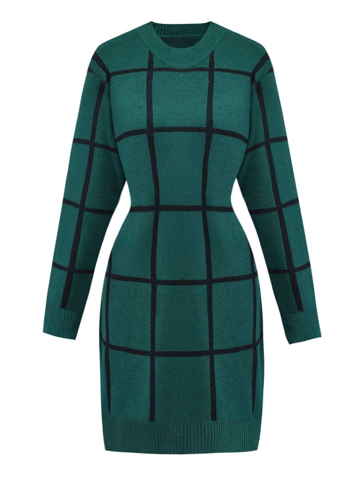 Grün 1960er Rundausschnitt Kariert Stricken Pullover Kleid - Image 2