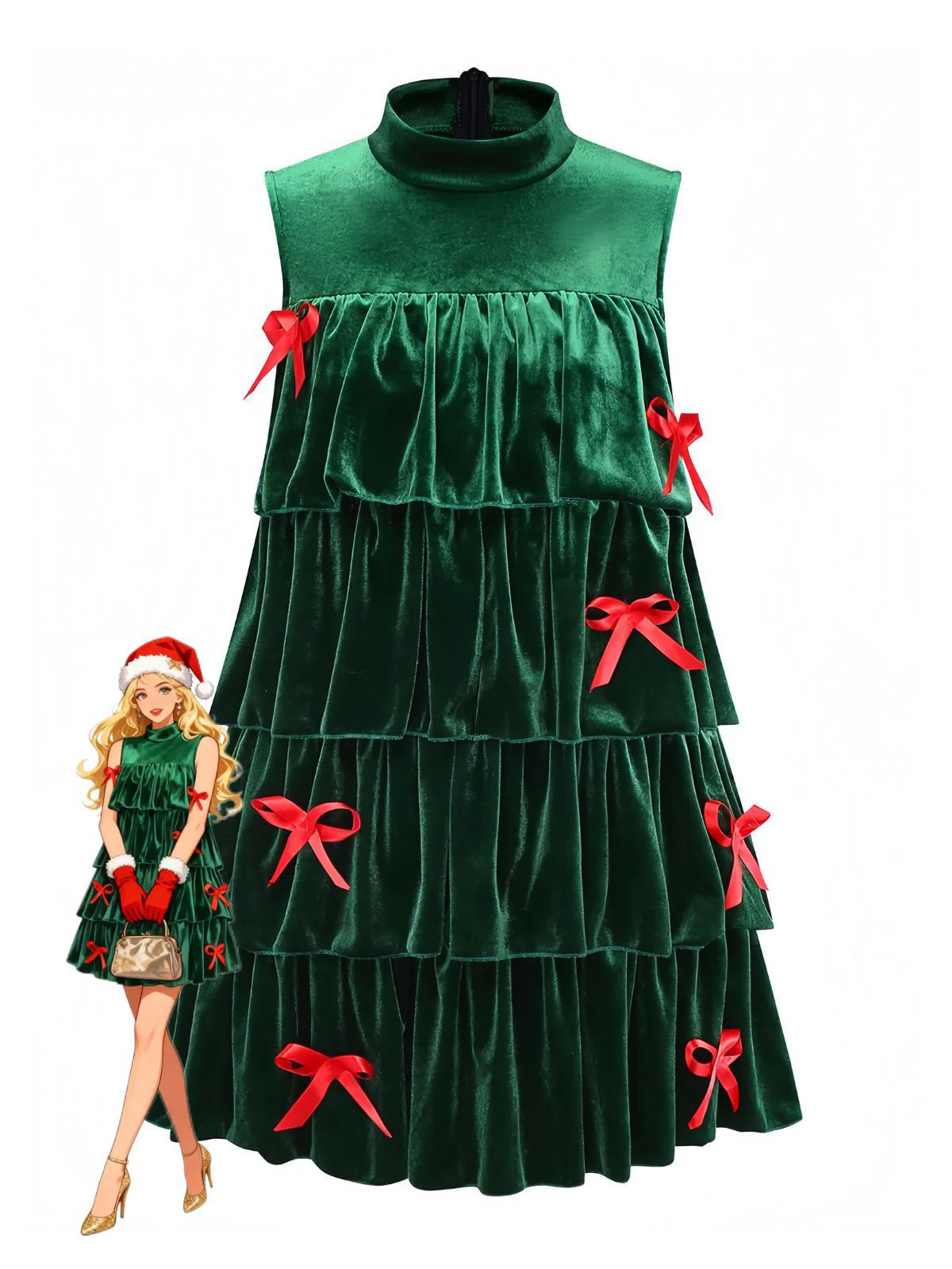 Grün 1960er Samt Bogen Stehkragen Abgestuft Kleid - Image 5