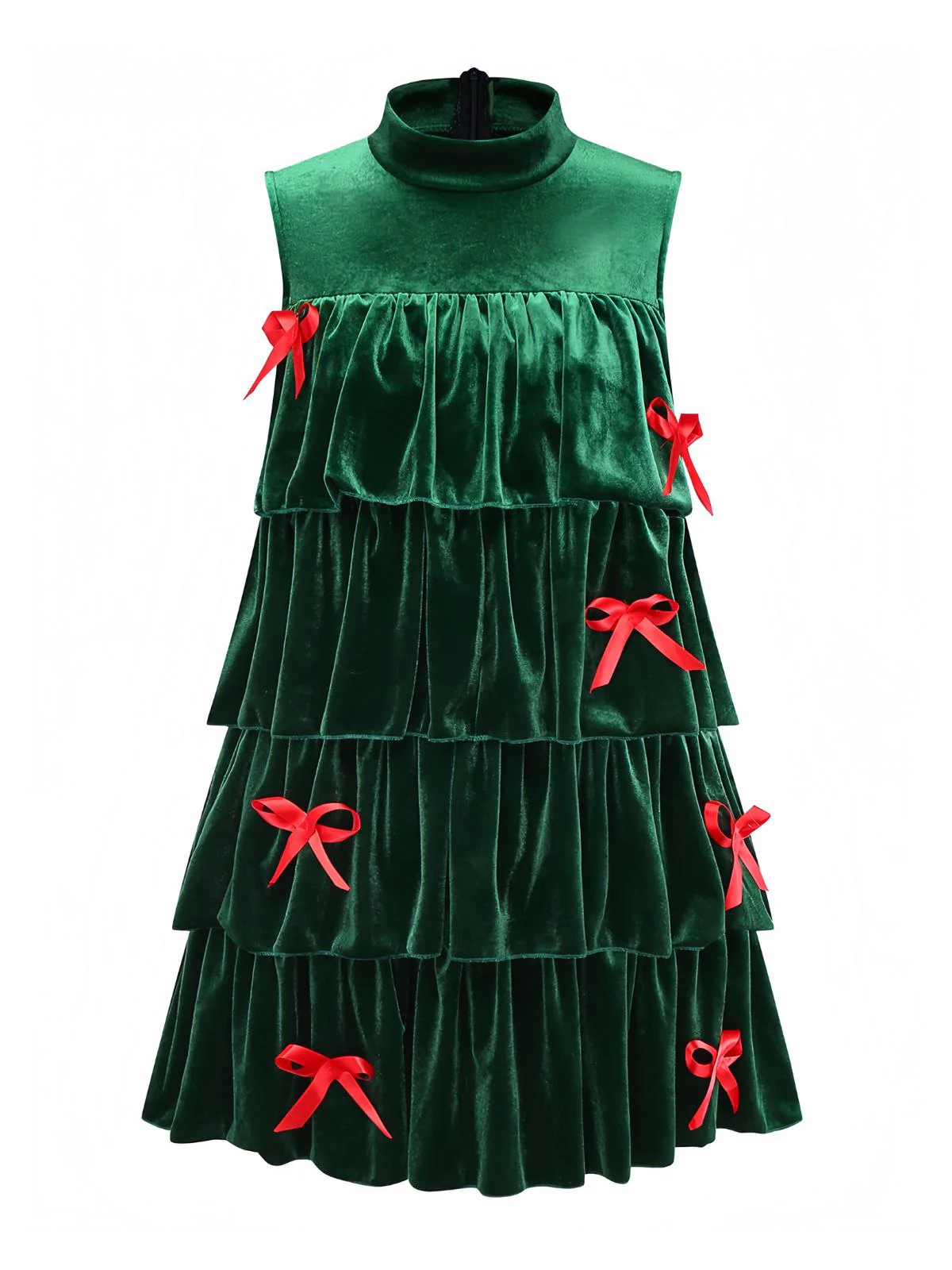Grün 1960er Samt Bogen Stehkragen Abgestuft Kleid - Image 6