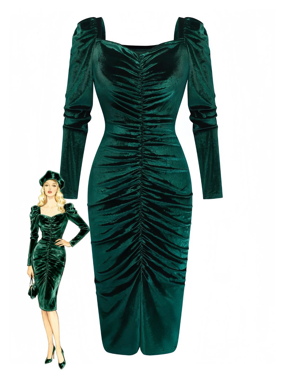 Grün 1960er Samt Gerüschtes Langarm Enges Kleid