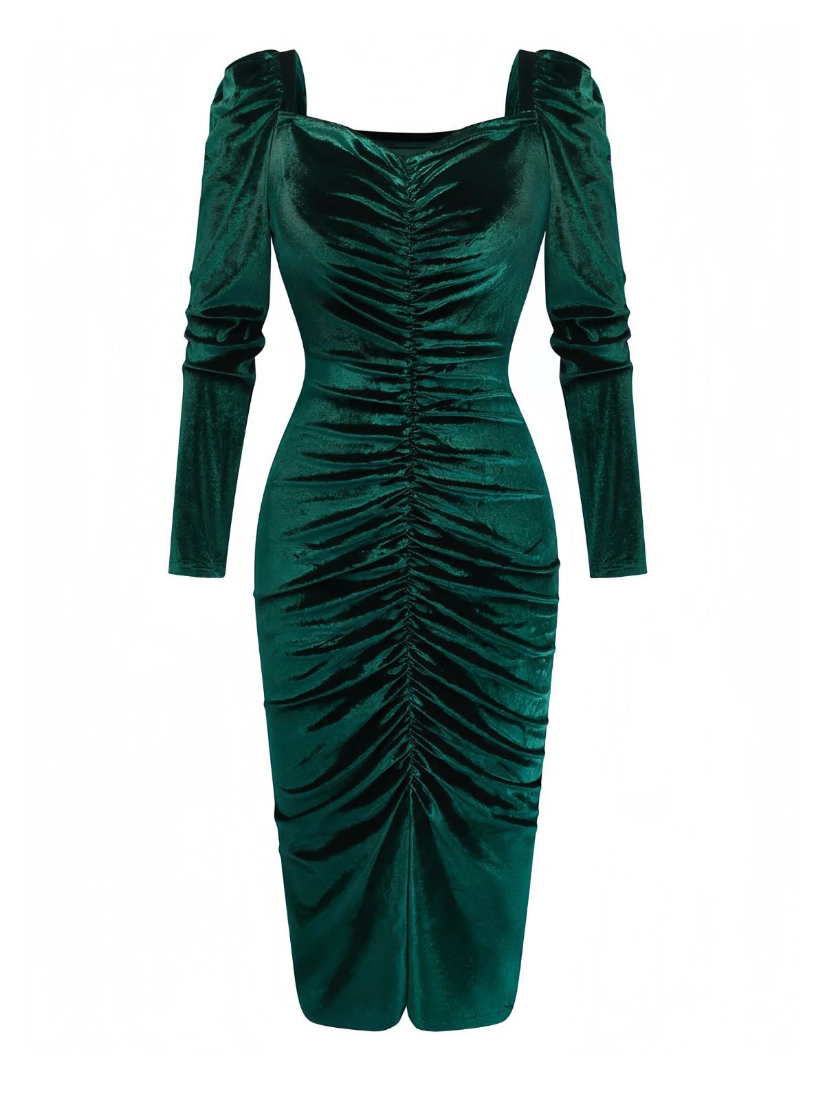 Grün 1960er Samt Gerüschtes Langarm Enges Kleid - Image 2