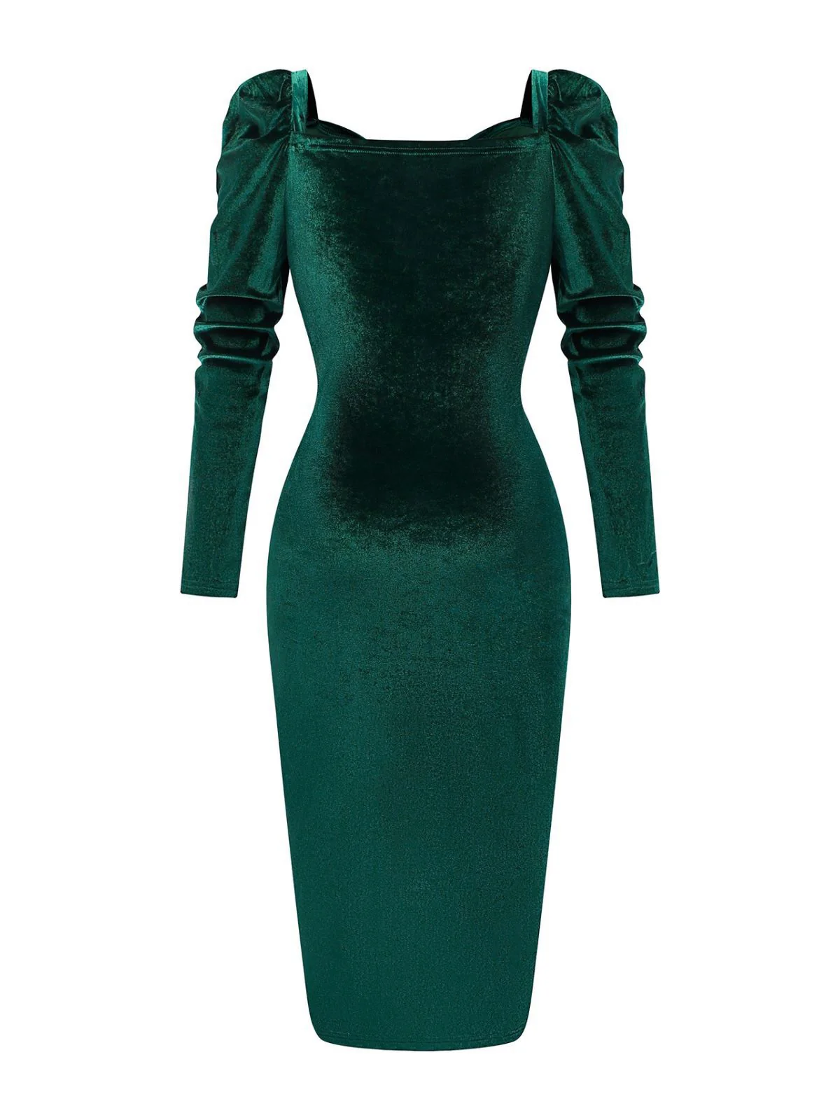 Grün 1960er Samt Gerüschtes Langarm Enges Kleid - Image 3