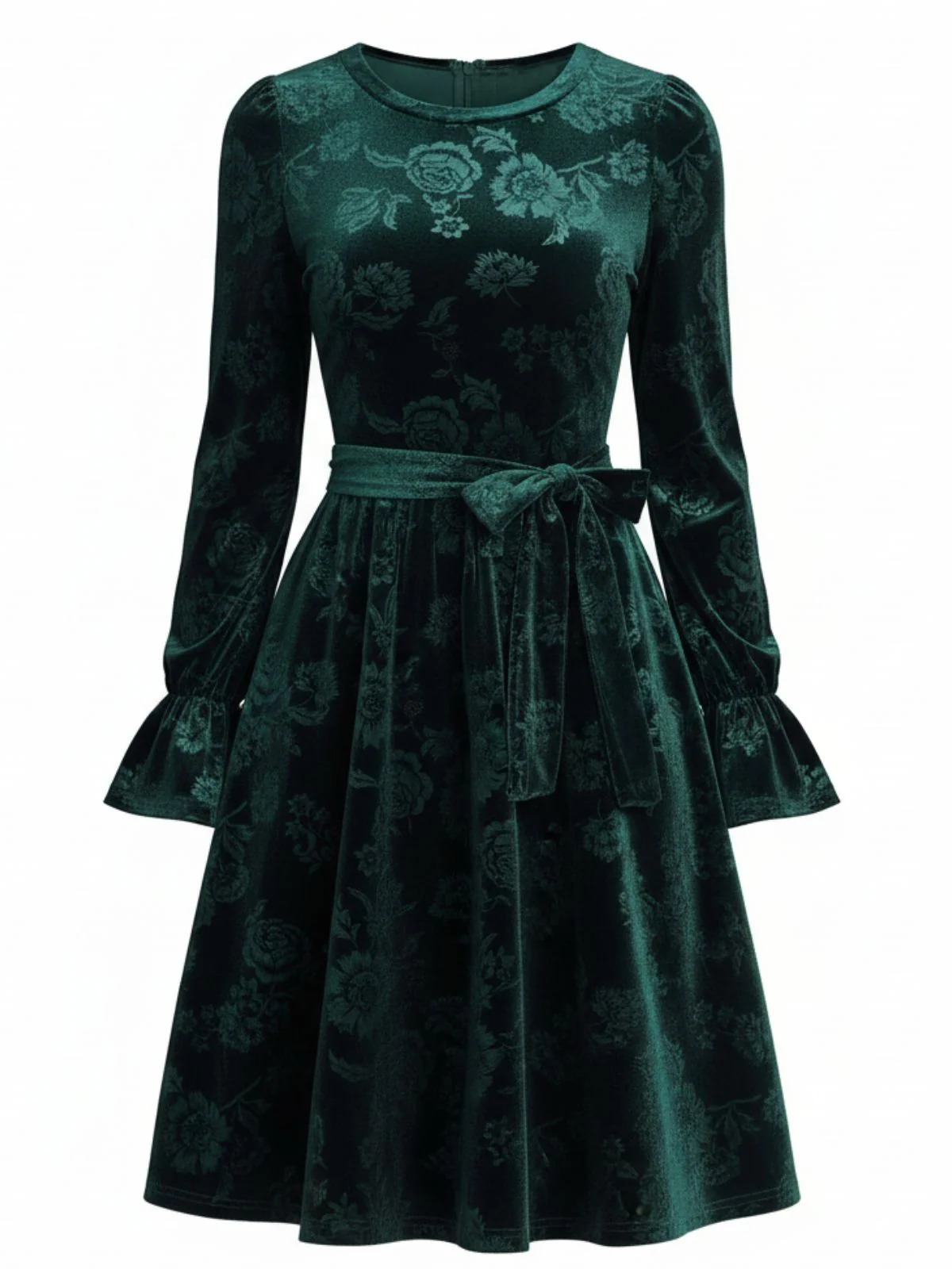 Grün 1960er Samt Rose Jacquard Kleid