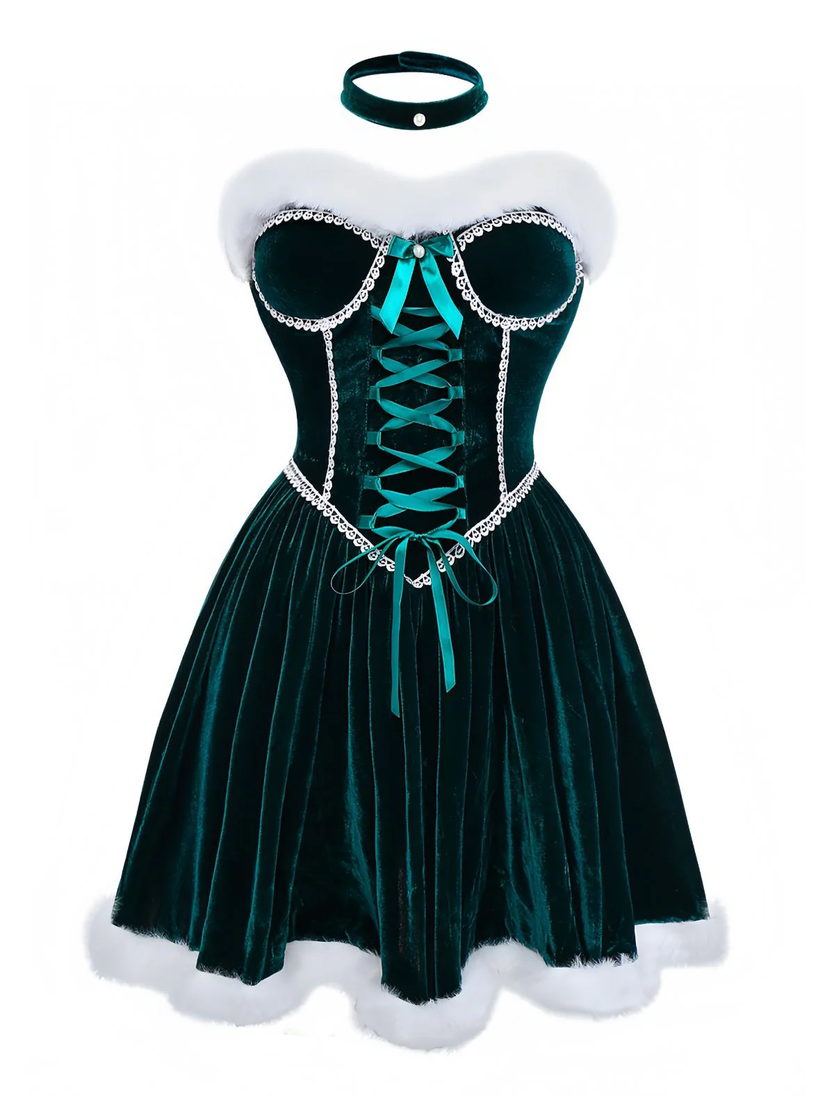 Grün 1960er Samt Trägerloses Schnürung Mini Kleid - Image 2