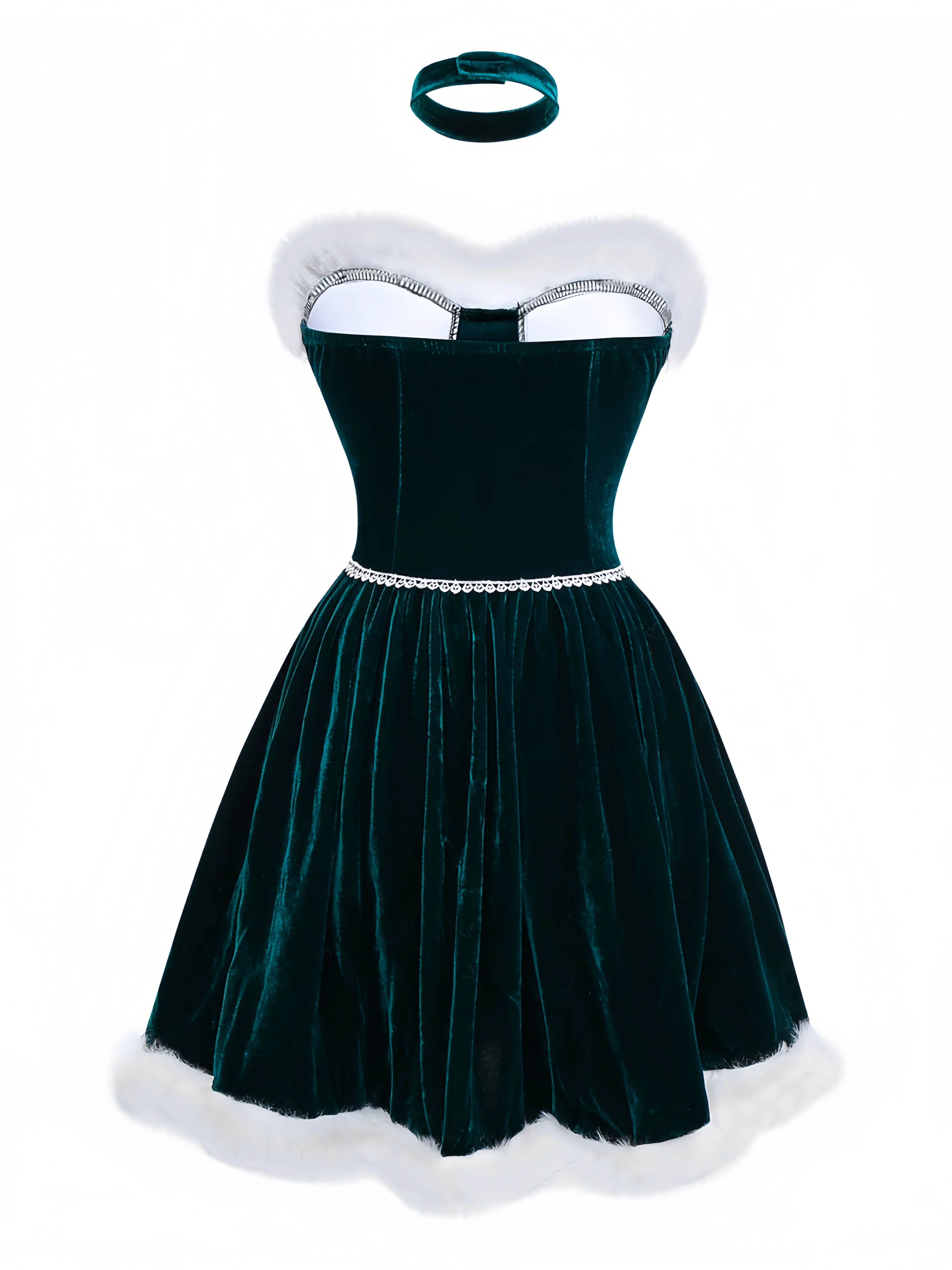 Grün 1960er Samt Trägerloses Schnürung Mini Kleid - Image 3