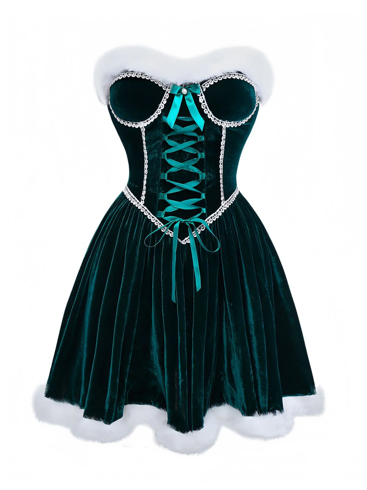 Grün 1960er Samt Trägerloses Schnürung Mini Kleid - Image 4