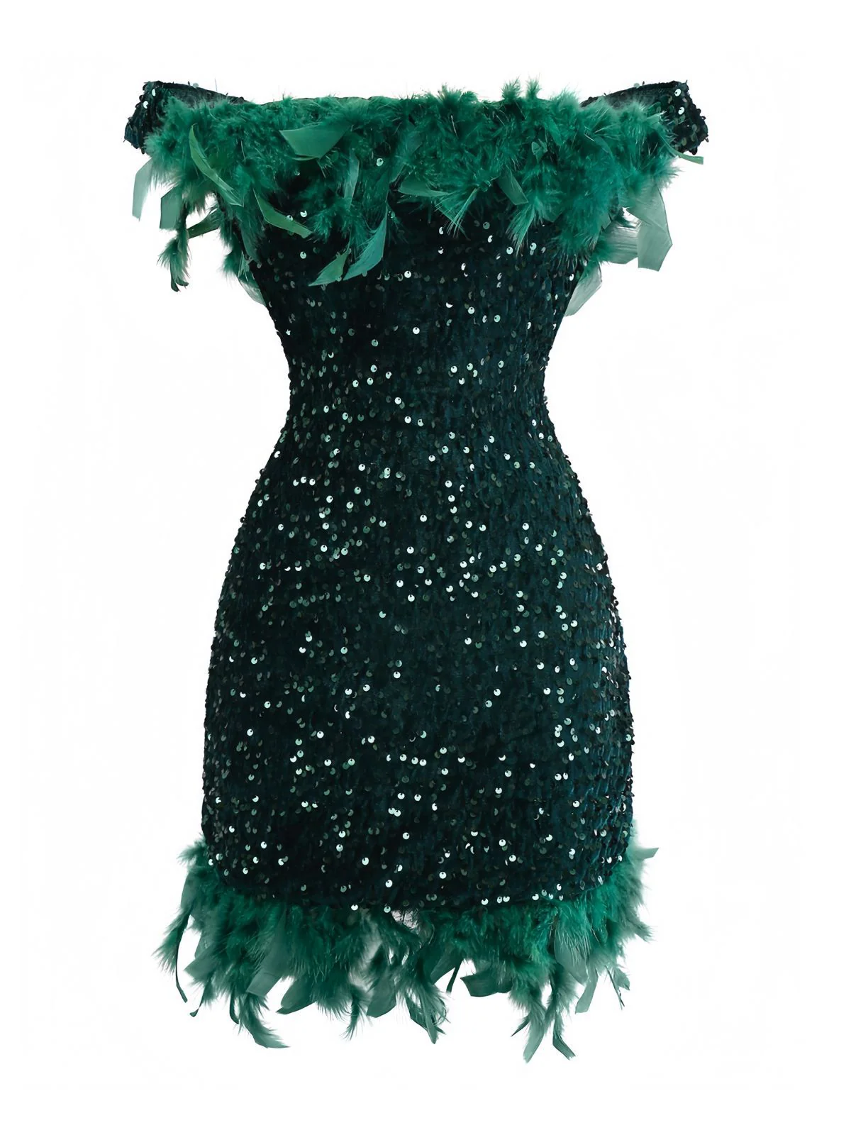 Grün 1960er Schulterfrei Pailletten Feder Enges Kleid - Image 2