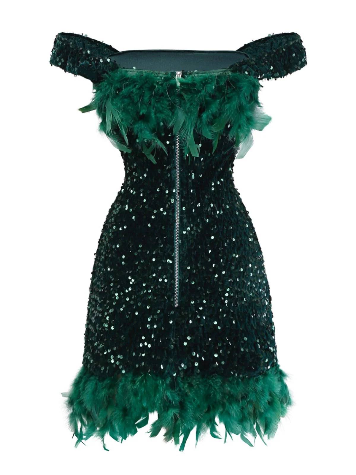 Grün 1960er Schulterfrei Pailletten Feder Enges Kleid - Image 3