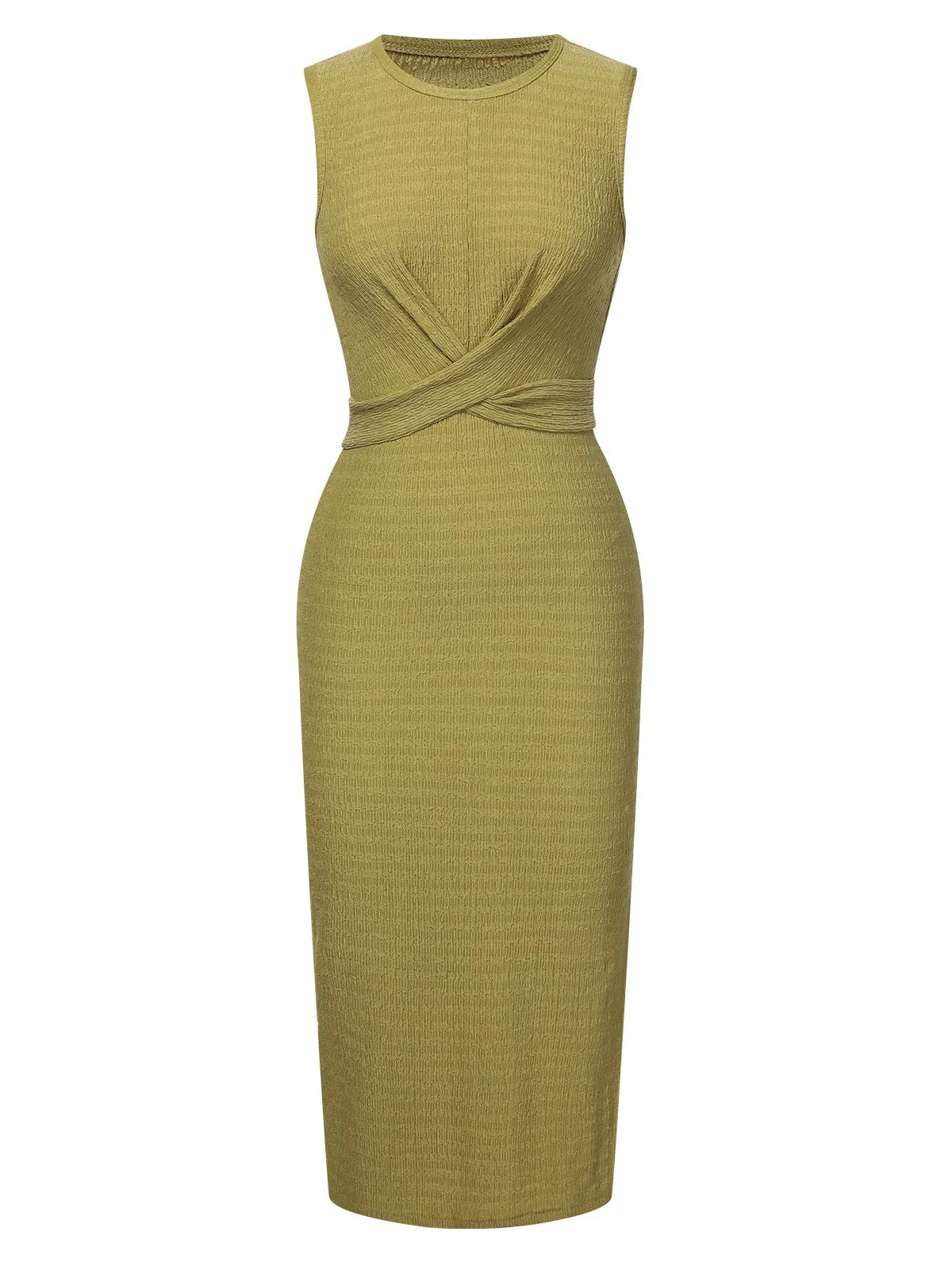 Grün 1960er Strukturiert Binde Ärmellos Kleid - Image 3