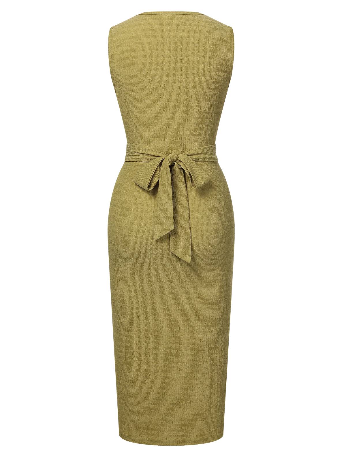 Grün 1960er Strukturiert Binde Ärmellos Kleid - Image 4
