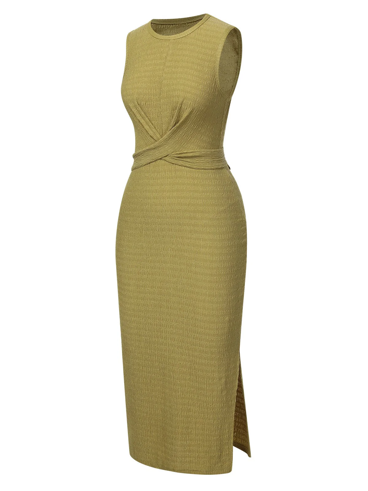 Grün 1960er Strukturiert Binde Ärmellos Kleid - Image 5