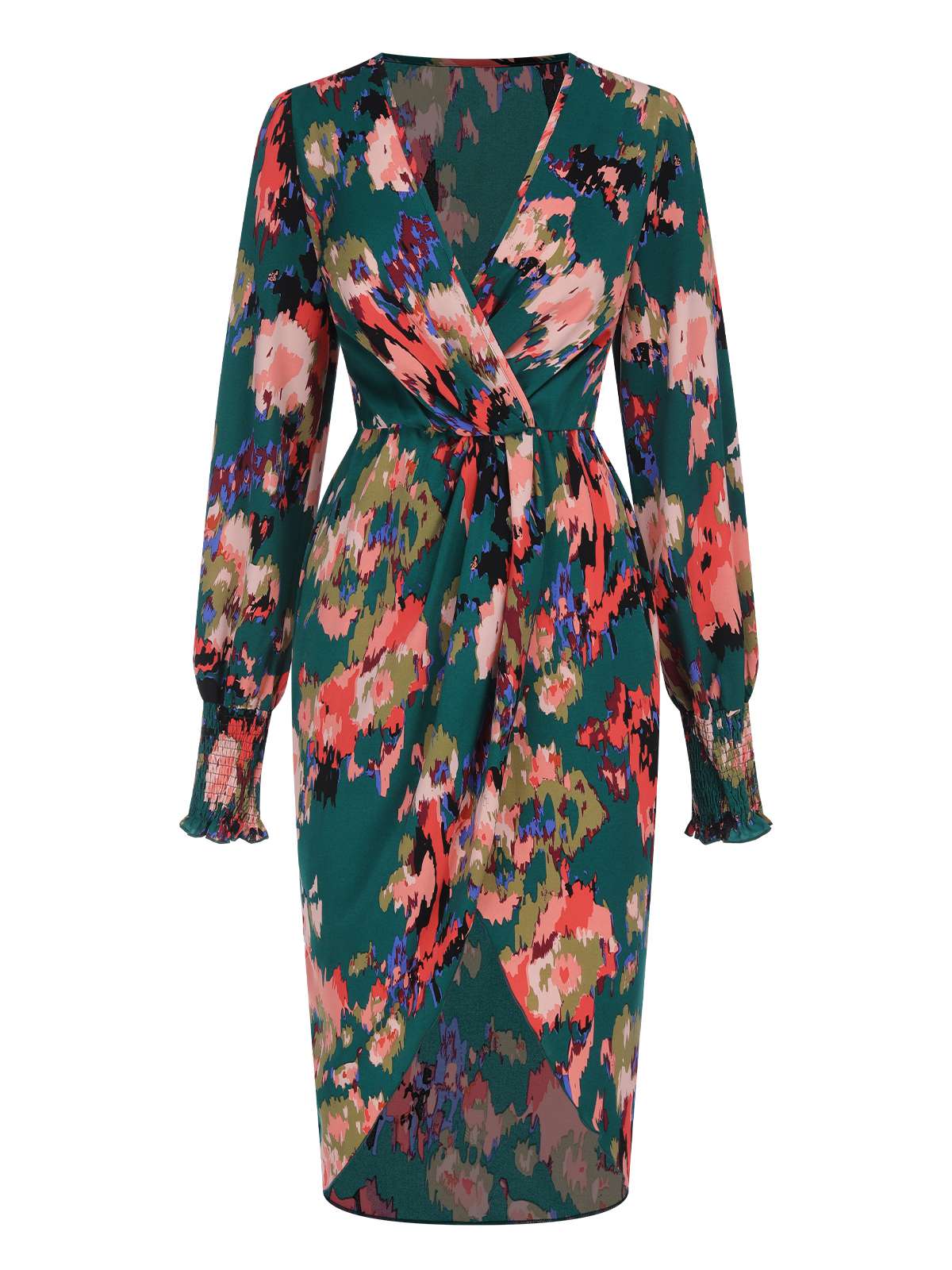 Grün 1960er Surplice Blumen Tulpensaum Kleid - Image 2