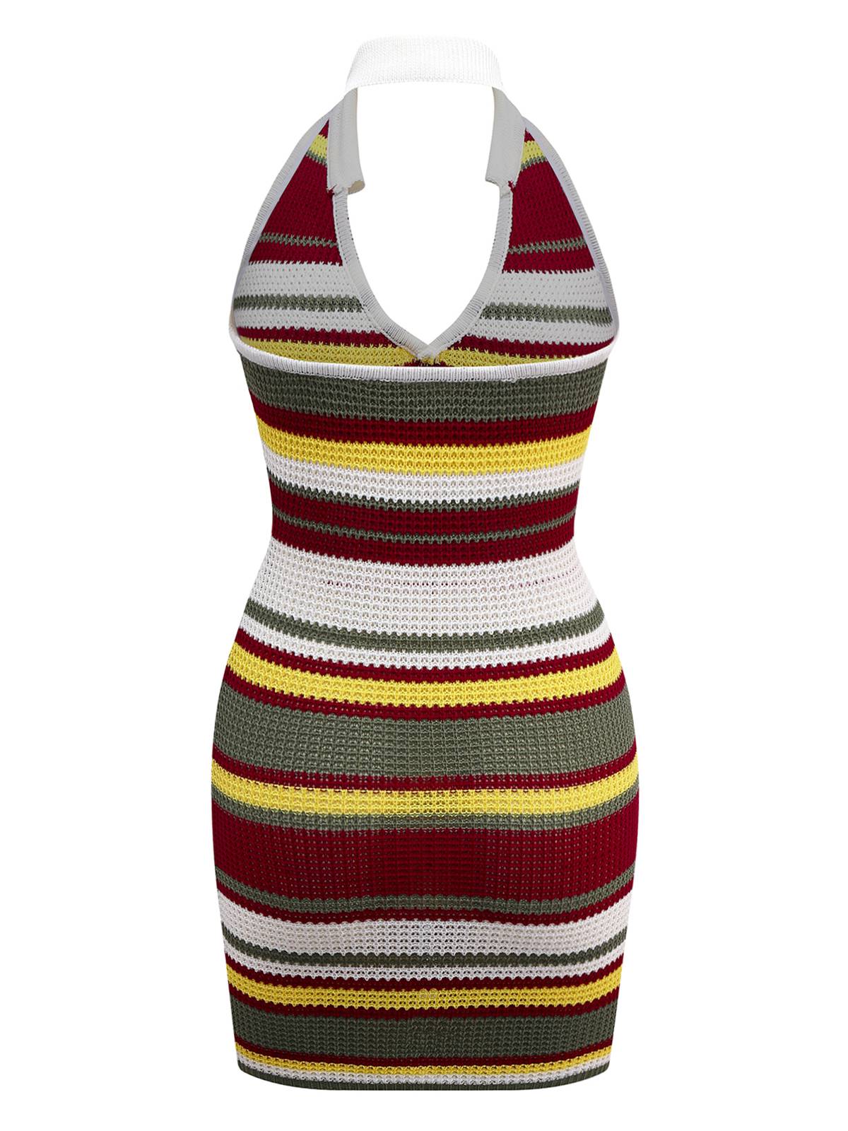 Grün 1960er V-Ausschnitt Revers Streifen Stricken Kleid - Image 2