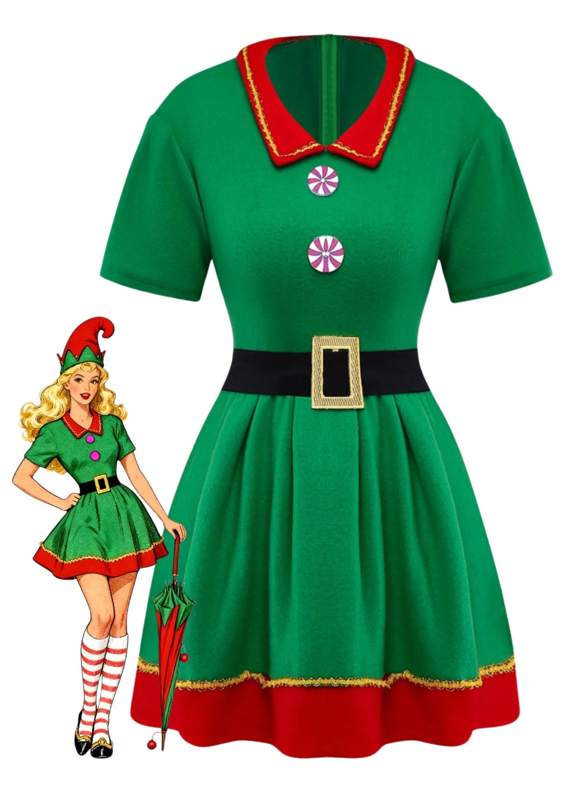 Grün 1960er Weihnachten Elf Cosplay Kostüm Kleid Set - Image 2