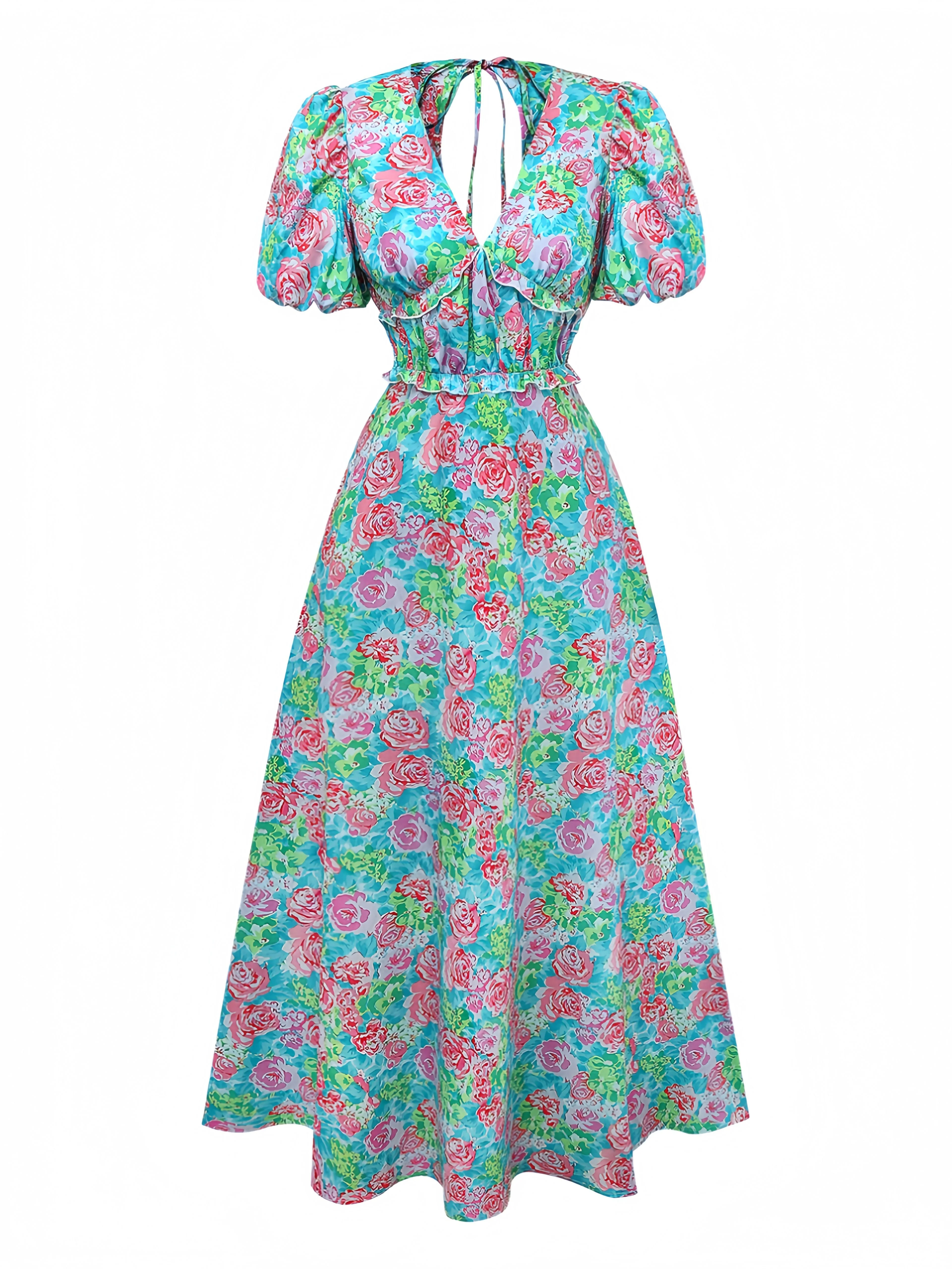 Grün 1970er Boho Blumen V-Ausschnitt Kleid - Image 2