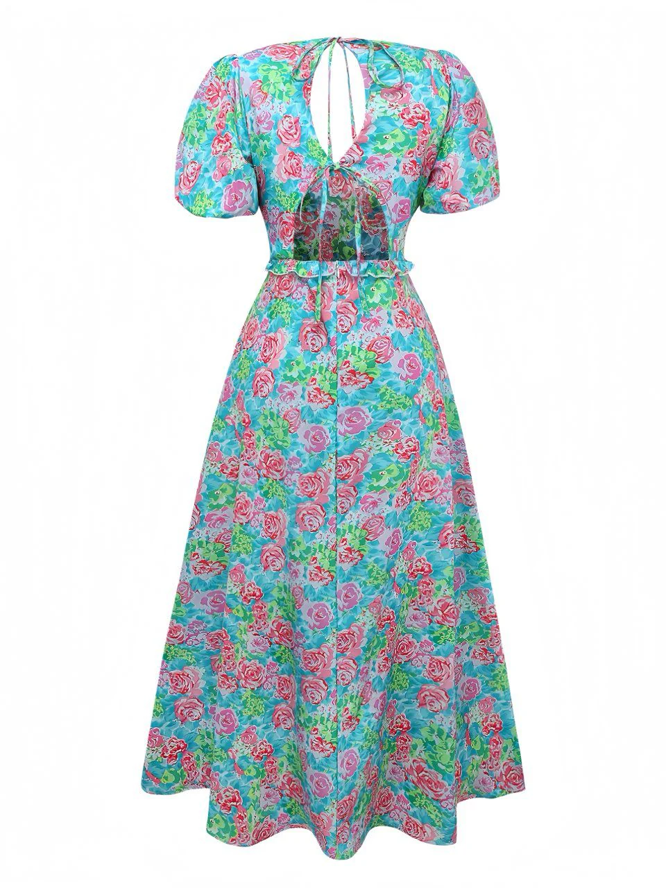 Grün 1970er Boho Blumen V-Ausschnitt Kleid - Image 3