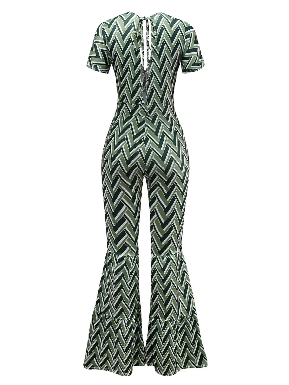 Grün 1970er Boho Tief V-Ausschnitt Ausgestelltes Bein Jumpsuit - Image 2
