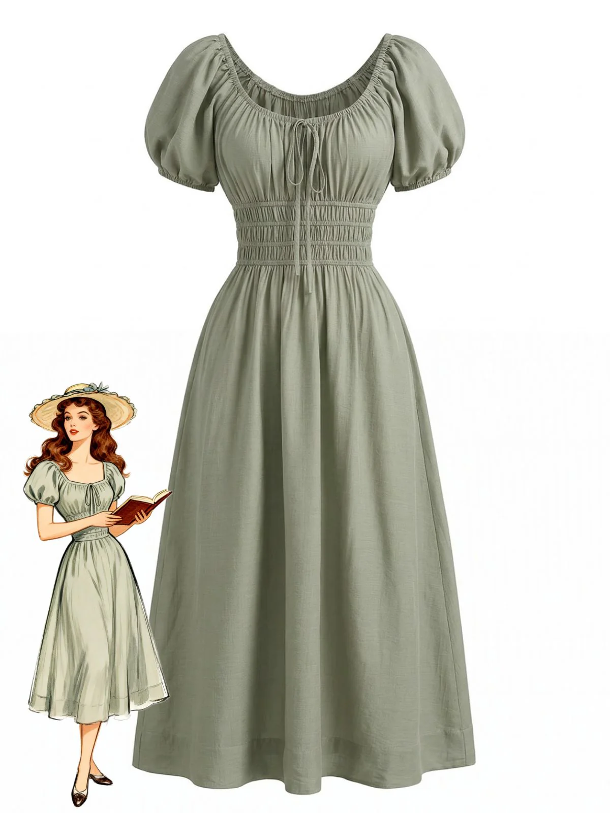 Grün 1970er Karree Ausschnitt Puffärmel Boho Kleid
