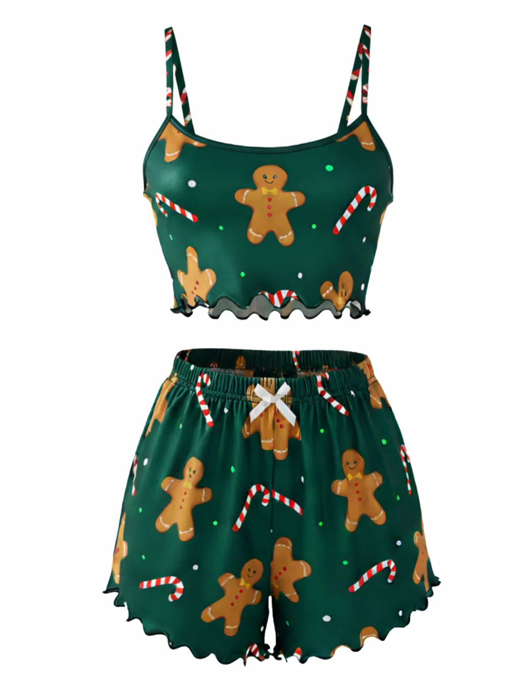 Grün 1970er Lebkuchenmann Keksbonbons Satin Pyjama Set