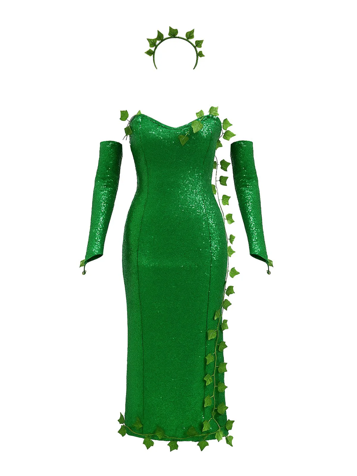 Grün 1970er Multi-Blatt Stirnband & Pailletten Kleid Set